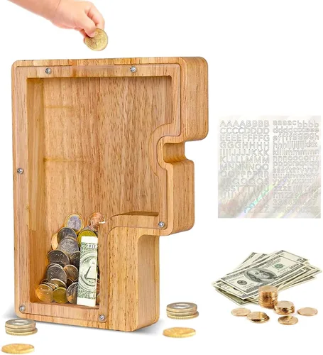 Vista 12 de Alcancía de Madera Personalizada con Letras del Alfabeto, Banco de Monedas con Letras del Alfabeto para Niños, Niñas y Bebés, Tamaño Grande, 26