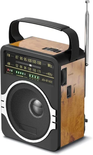 Vista 10 de JEUJUG Radio AM FM portátil, Radio Bluetooth 5.0 de 5 Watts con altavoz, Radio FM con batería recargable incorporada/Batería DC D*4 de celdas Negro