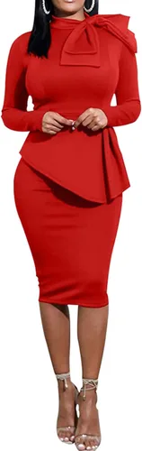 Vista 2 de WanMem Vestido de cóctel formal ajustado con péplum para mujer, manga corta, con lazo, volantes, vestido de tubo para fiesta