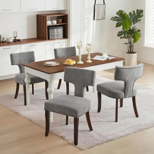 Vista 17 de SoarFlash Juego de 2 sillas de comedor modernas de madera, silla tapizada de tela de lino de granja, respaldo curvado con clavos de cobre alrededor