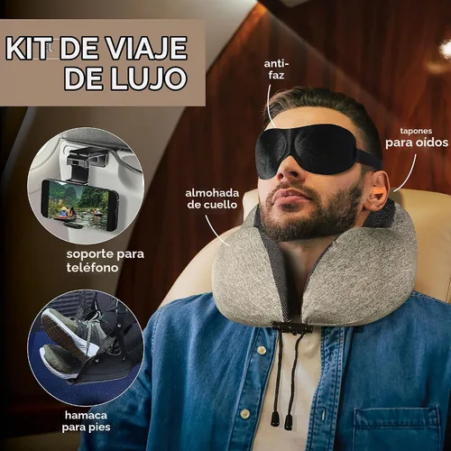 Vista 6 de Homeify Kit de viaje en avión, almohada ajustable para el cuello del avión de espuma viscoelástica con soporte para teléfono, máscara de ojos