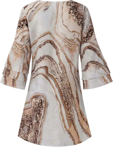 Vista 4 de Vestidos de verano para mujer 2022, bohemio, floral, 34 escalonadas, manga acampanada, cuello en V, estampado de mármol, mini vestido casual suelto