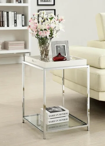 Vista 2 de Convenience Concepts Mesa auxiliar Palm Beach con estante y bandejas extraíbles, color blanco