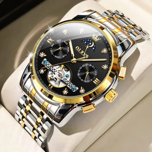 Vista 3 de OLEVS Relojes automáticos para hombre, esqueleto Tourbillon, reloj de pulsera de lujo con diamantes de cuerda automática, acero inoxidable
