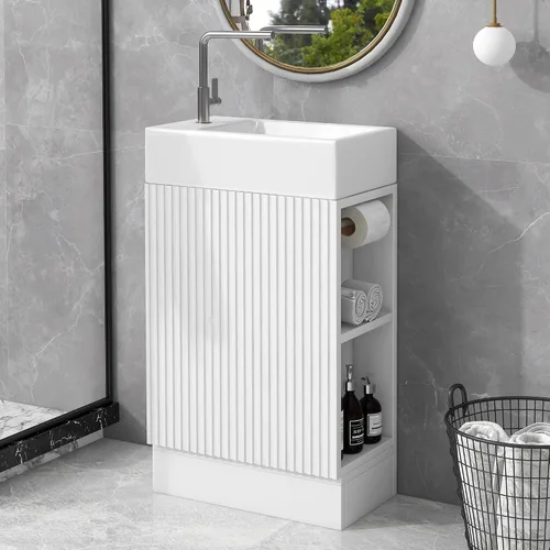 Vista 12 de LUMISOL Tocador de baño pequeño de 18.6 pulgadas con fregadero de cerámica, tocador estrecho con soporte para papel higiénico y puerta de cierre Gris