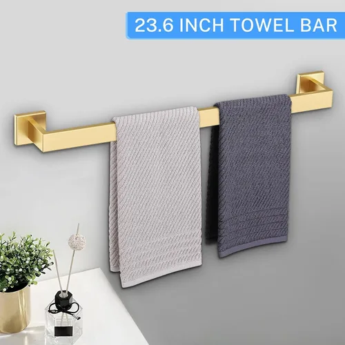 Vista 2 de Juego de accesorios de baño de 10 piezas en oro cepillado Juego de barra de toallas doradas, toallero/estante para baño, juego de accesorios de baño