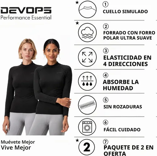Vista 2 de DEVOPS Paquete de 2 camisetas térmicas de cuello alto de manga larga de compresión para mujer capa base negro / negro