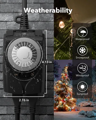 Vista 5 de HBN Outdoor Timer Outlet Waterproof, 24 Hour Mechanical Light Timers for Electrical Outlets Outdoor Weatherproof, 2 Grounded Outlets for Christmas