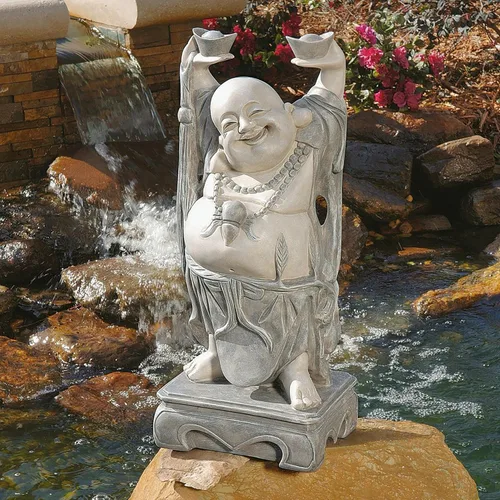 Vista 6 de Design Toscano Jolly Hotei Laughing Man - Estatua de jardín para interiores y exteriores, 26 pulgadas de alto, resina de piedra fundida, acabado