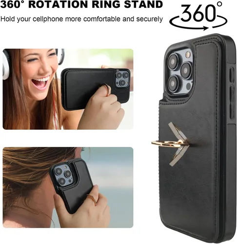 Vista 5 de ONETOP - Funda tipo cartera para iPhone 15 Pro Max con tarjetero de crédito, color negro 360° Rotation Ring Kickstand,Finger Grip,Double Magnetic