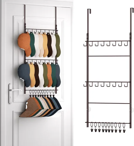 Vista 10 de HapiRm Perchero para Puerta - Organizador de Sombreros de 3 Niveles Montado en la Pared con 16 Ganchos y 10 Clips Móviles, Organizador de Sombreros