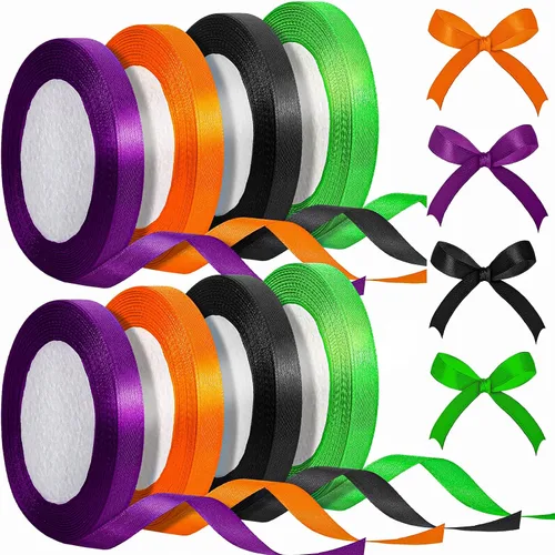 Vista 8 de Xinnun Cinta de satén de Halloween de 200 yardas, 8 rollos de cinta de seda de poliéster de 3/8 pulgadas para Navidad, Halloween, decoración