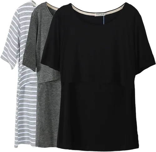 Vista 19 de Smallshow - Camisetas de lactancia para maternidad, manga corta, para mujer Verde militar-negro-gris oscuro (paquete de 3)