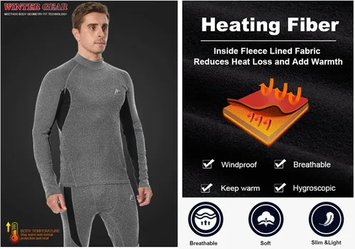 Vista 4 de Men's Fleece Lined Long Johns Base Layer Set Top Bottom for Ski Running Cold Weather