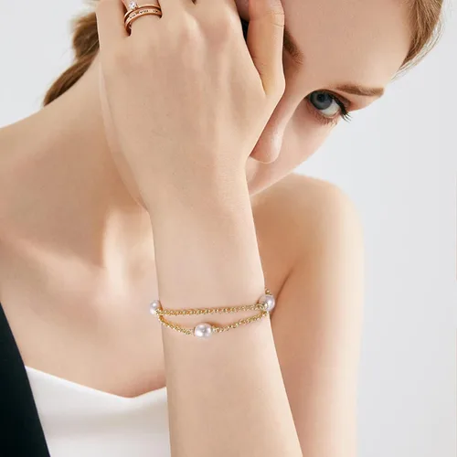 Vista 7 de AiliFe Pulseras de doble capa de perlas de oro para mujer, pulsera chapada en oro amarillo real de 14 quilates, pulsera de perlas delicadas