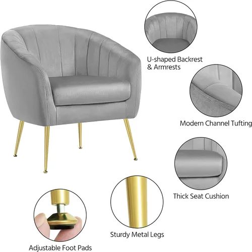 Vista 4 de Yaheetech Silla de Tocador Moderna, Silla de Acento de Terciopelo Suave con Patas de Metal Dorado, Sillón Acolchado Chaise Longue para Sala de Gris