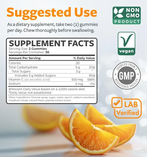 Vista 4 de Gomas veganas de vitamina C para adultos - Gomitas de apoyo inmunológico con vitamina C masticable de 500mg por porción para el bienestar diario