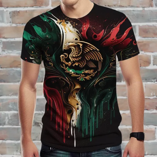 Vista 5 de Camiseta de moda de verano con estampado de bandera mexicana para hombre