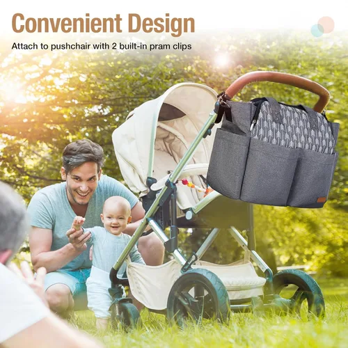Vista 7 de Lekebaby Bolsa de pañales, 17 bolsillos, bolsa de pañales de viaje grande impermeable con cambiador portátil, bolsa de hospital cruzada para mamá