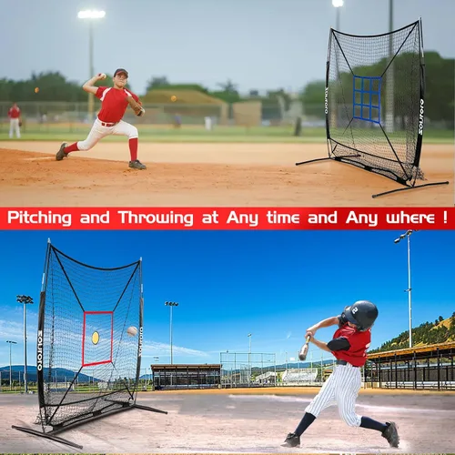 Vista 5 de Zonlolo Red de béisbol de 6 x 6 pies con 3 objetivos diferentes, red de práctica portátil para batear, pegar, lanzar y lanzar, paquete compacto