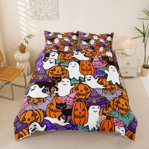 Vista 14 de Erosebridal Halloween Castle Pumpkin Duvet Cover Set Spooky Floral Cartoon Twin Bedding Sets for Girls Kids Boys Vintage Spooky Comforter Cover