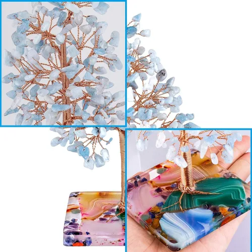 Vista 3 de Nupuyai Árbol de dinero de piedra de cristal aguamarina envuelto en rodajas de ágata orgón, árbol de la vida, bonsái de Feng Shui, decoración