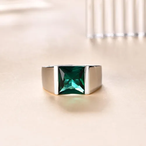 Vista 4 de Anillos de plata de ley con zafiro esmeralda creada para hombres y mujeres, piedra preciosa verde y azul, anillos chapados en oro blanco de 14