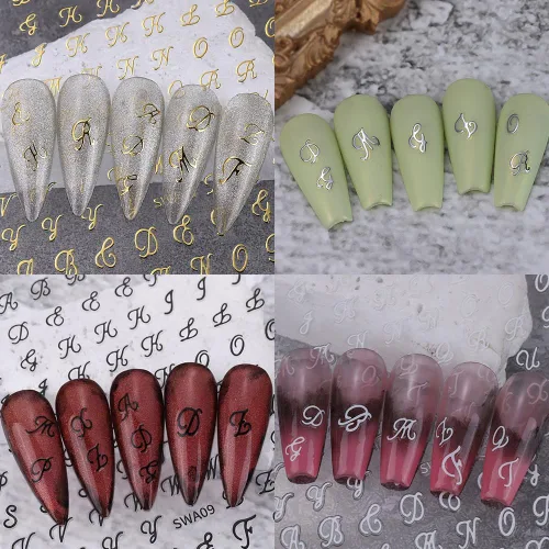 Vista 5 de Calcomanías de uñas con letras, 8 hojas de calcomanías de uñas con letras en inglés antiguo, 3D, autoadhesivas, doradas, plateadas, negras, blancas