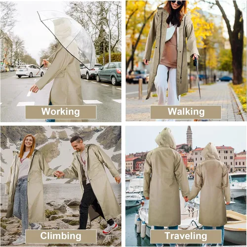 Vista 7 de LAMA Impermeable largo con capucha para mujer, impermeable de longitud completa con bolsillo y cremallera, ropa impermeable plegable, impermeable