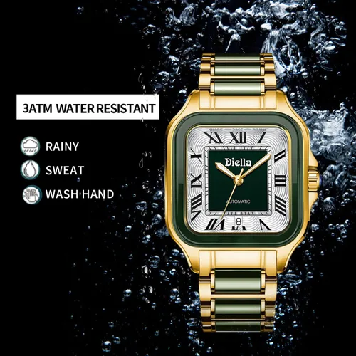 Vista 9 de Diella Reloj de pulsera rectangular para hombre, relojes automáticos de cuerda automática para hombre con jade y reloj de acero inoxidable, reloj