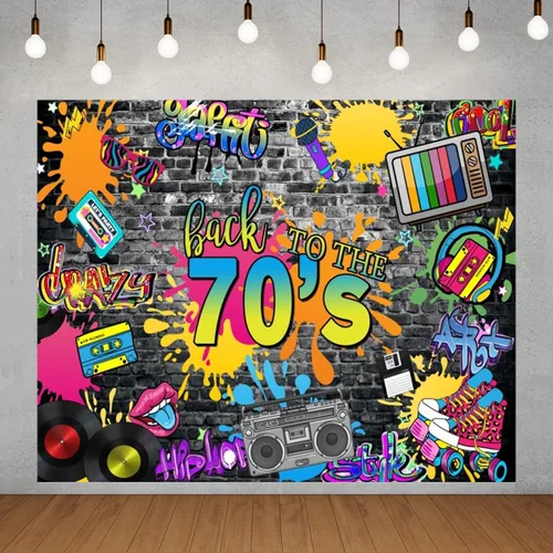 Vista 2 de Telón de fondo de los años 70 para fiestas, hip hop, rock, discoteca, fiesta de cumpleaños, fondos de fotos retro, graffiti, fondo de pared