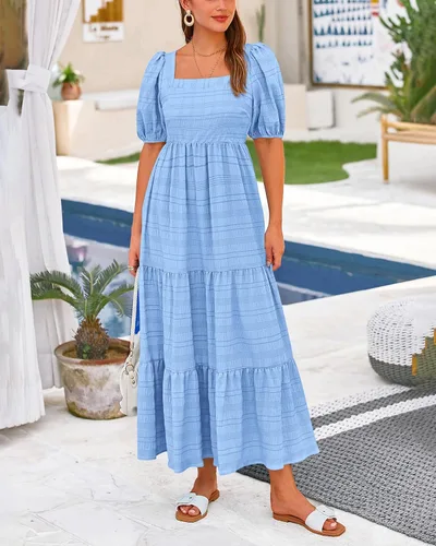 Vista 4 de PRETTYGARDEN Vestidos de verano para mujer, manga abombada, cuello cuadrado, cintura alta, fruncido, acampanado, holgado, vestido midi