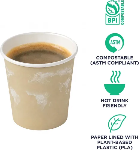 Vista 4 de ECO PRODUCTS Tazas de café espresso desechables compostables World Art de 4 onzas, paquete de 50, taza de papel caliente renovable, forro PLA a base