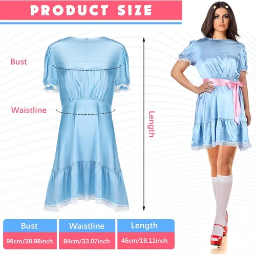 Vista 2 de 6 piezas de disfraz de Halloween para adultos, vestido Kawaii azul transparente, medias altas hasta la rodilla, pinzas para el cabello de flores
