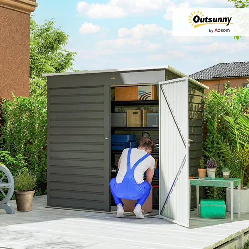 Vista 2 de Outsunny Cobertizo de almacenamiento al aire libre de 6 x 4 pies, fácil de ensamblar, cobertizo de herramientas de jardín de metal con puerta