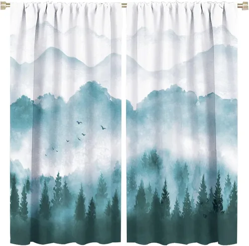 Vista 24 de BAEKJIN Cortinas verdes de bosque brumoso, acuarela, naturaleza, paisaje, plantas, árbol, bolsillo para barra, opacas, tratamiento de ventana