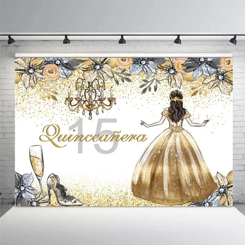 Vista 3 de MEHOFOTO - Fondo de cabina de estudio fotográfico de quinceañera de quinceañera con purpurina dorada y plateada floral dulce 15 membrillo niña años