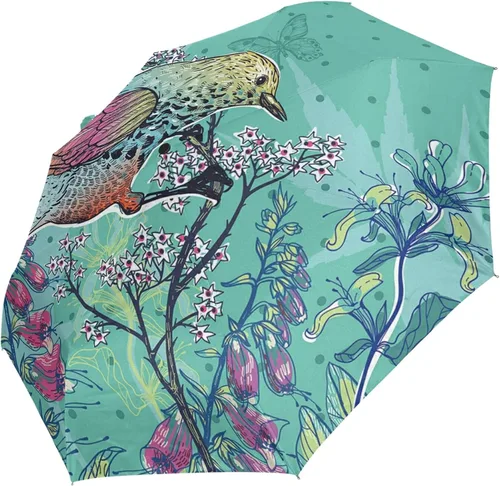 Vista 2 de Paraguas plegable con apertura automática, compacto, para lluvia, estilo vintage, retro, pájaro, floral, azul, para mujeres, hombres, niños, viajes
