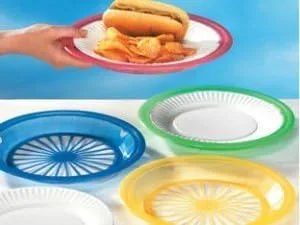 Vista 2 de 1 docena de soportes de plástico reutilizables para platos de papel de 9 pulgadas, colores brillantes