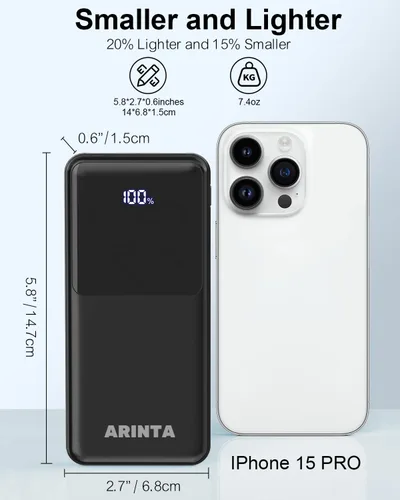 Vista 7 de Cargador portátil Power Bank de 10000 mAh PD 22.5 W, pantalla LED y entrada USB-C, artículos esenciales de viaje, compatible con teléfonos Negro