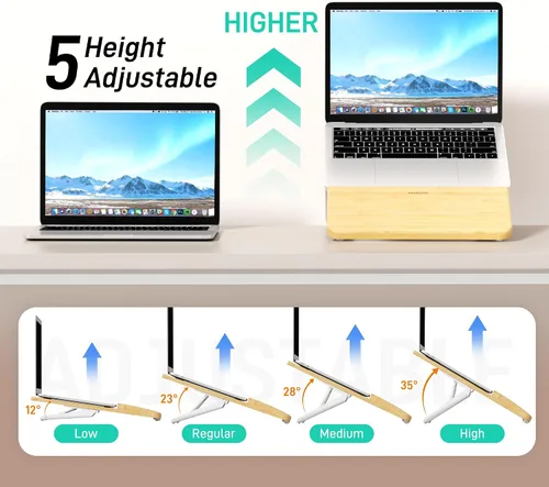 Vista 3 de AFOOYO Soporte ajustable de bambú para laptop, elevador de computadora portátil, soporte ergonómico para portátil con reposamuñecas, compatible