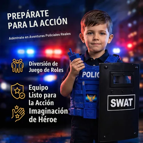 Vista 4 de Set de policía para niños, con máscara, chaleco, escudo, placa, esposas, granada, macana y cuchillo