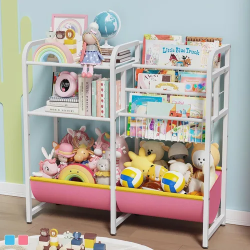 Vista 8 de Estantería 3 en 1 para niños y organizador de almacenamiento de juguetes, organizador de libros Montessori para bebés, estante de exhibición de Azul