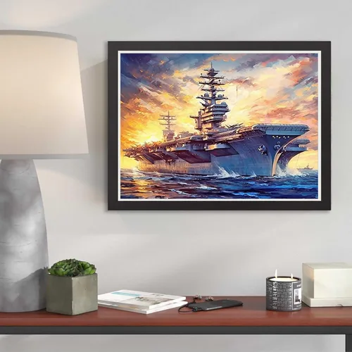 Vista 3 de Pintura artística de diamante, portaaviones, buque de guerra, Segunda Guerra Mundial, tema militar, kit de ventilador del ejército para adultos