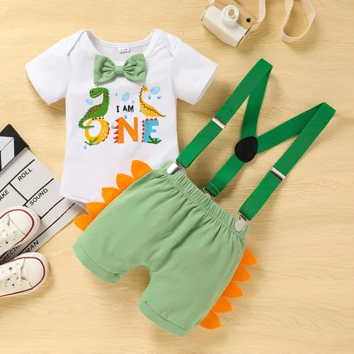Vista 2 de Conjunto de ropa de manga corta con tirantes ajustables en Y para bebé, para el primer cumpleaños
