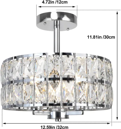 Vista 5 de Lámpara de techo redonda de cristal de 3 luces, moderna lámpara de pasillo de 12.6 pulgadas, lámpara de cocina semiempotrada cromada con pantalla
