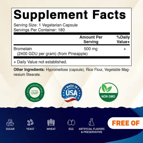 Vista 2 de Vitamatic Suplemento de bromelina 500 mg – 2400 GDU/g – 180 cápsulas – 2 paquetes 2400 GDU/g, Enzyme Supplement, Supports Healthy Protein