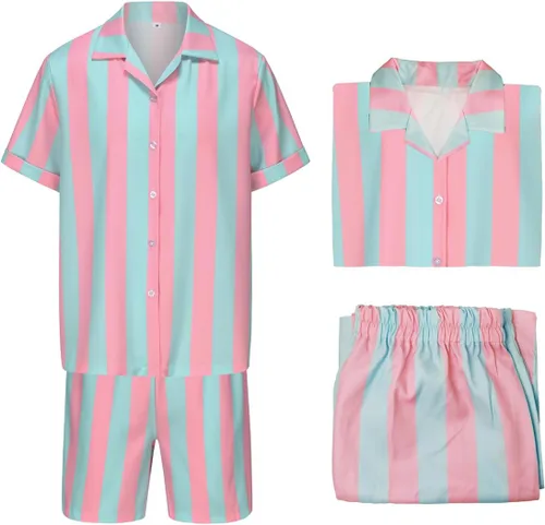 Vista 2 de RAAIBB Ken Disfraz para hombre adulto 2023, traje de cosplay de película, camisa a rayas, pantalones cortos, traje de vacaciones en la playa