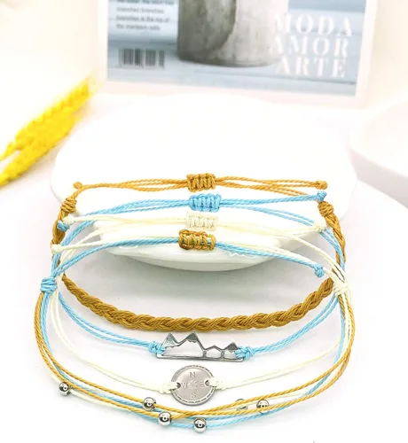 Vista 6 de Brazaletes impermeables de cuerda, para verano, con ola, brazalete para amistad, hecho a mano, para niña