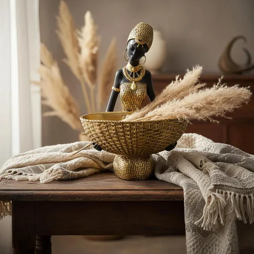 Vista 6 de Escultura Africana Hecha a Mano de Mujer Sentada - Figura Tribal Dorada Sosteniendo Canasta, Decoración del Hogar de Resina para Estante/Mesa